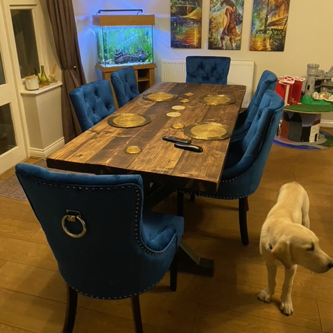 Knocker Back Dining Chair - Blue Velvet Fabric - Black Wooden Legs